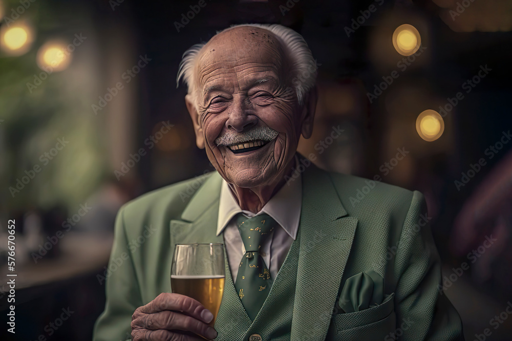 Older well dressed man drinking beer in a pub on Saint Patrick's Day Older well dressed man drinking beer in a pub on Saint Patrick's Day