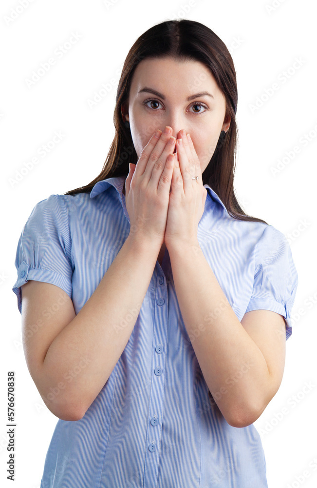 Portrait of a smiling girl surprise hold her hands near face Portrait of a smiling girl surprise hold her hands near face