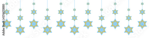 Garland for Passover, Pesach, Hanukkah. Jewish blue stars of David with golden contour. Can be used for cards, borders. Isolated vector and PNG illustration clipart on transparent background.