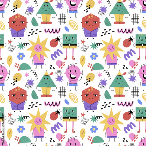 Abstract geometric characters pattern. Basic figures, cute faces, legs and hands, funny print. Modern creatures. Seamless texture. Decor textile, wrapping, wallpaper vector cartoon doodle illustration