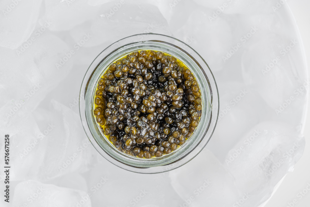 Premium caviar black in glass jar and ice cube
