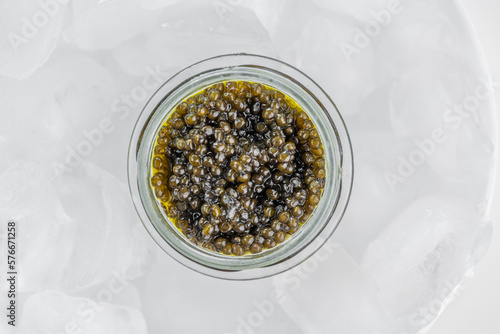 Premium caviar black in glass jar and ice cube photo