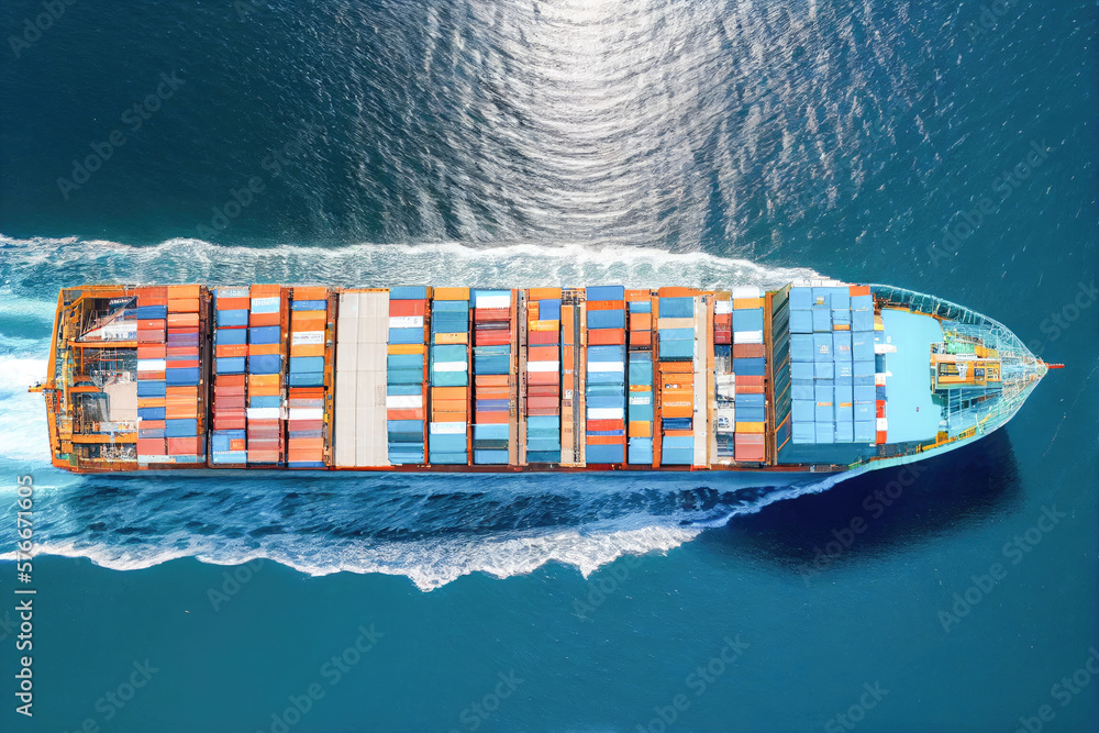 Fototapeta premium Container ship full of containers for logistics. Aerial view. Generative AI. 