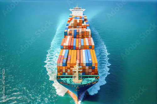 Container ship full of containers for logistics. Aerial view. Generative AI. 
