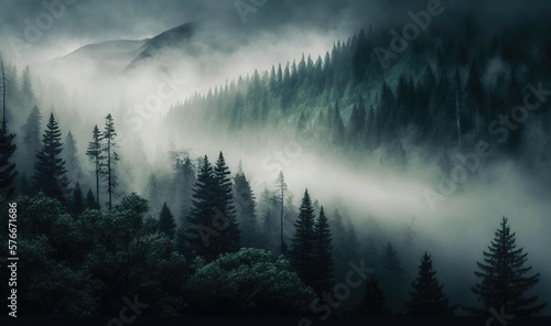  a forest filled with lots of trees covered in fog and mist. generative ai