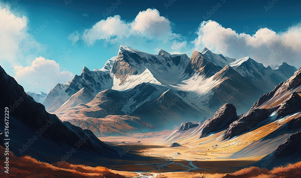  a painting of a mountain range with a stream running through it.  generative ai