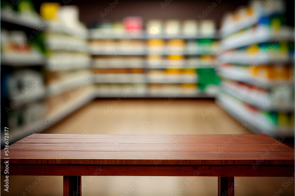 a stable table, countertop or counter in the foreground. Top of a wooden table. In the background is a defocused interior of a store or supermarket. AI generated.
