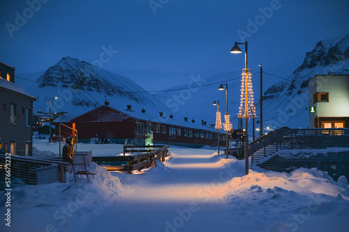  Norway landscape ice nature of the city view of Spitsbergen Longyearbyen . Winter  polar night on Svalbard