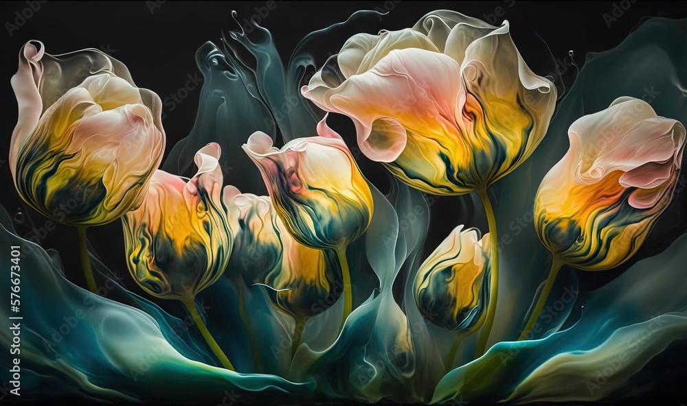  a painting of a group of flowers with a black background.  generative ai