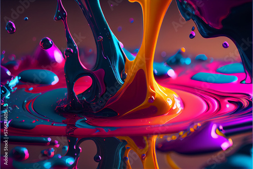 Splash and splatter of paint. Fountain of liquid ink or acrylic paint or gouache in a glass. Drops of paint hang in the air. AI generated. photo