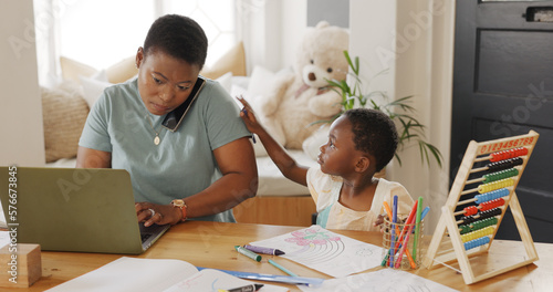 Canvas Print Laptop, phone call and busy mother with kid for work from home, child education care and administration management job in living room