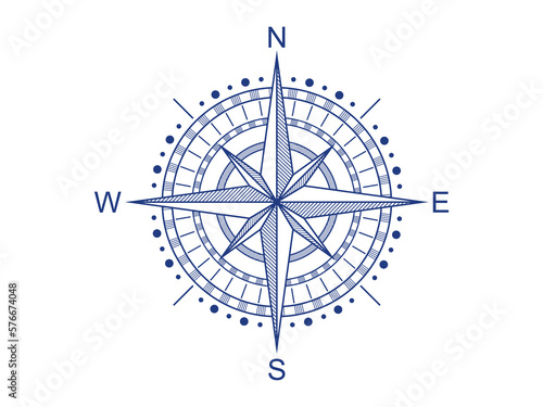 Navigational compass with cardinal directions of North, East, South, West. Geographical position. Line vector illustration