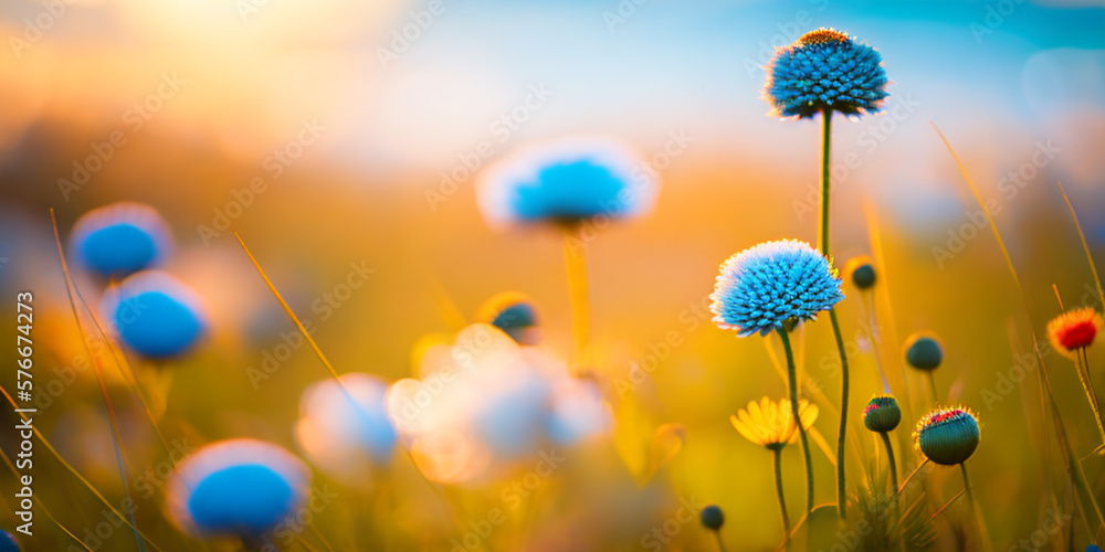Little blue wild flowers in the golden light background. Generative ai