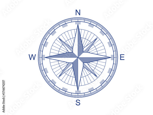 Navigational compass with cardinal directions of North, East, South, West. Geographical position. Line vector illustration