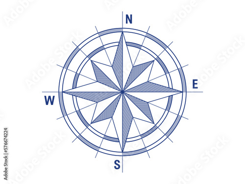 Navigational compass with cardinal directions of North, East, South, West. Geographical position. Line vector illustration