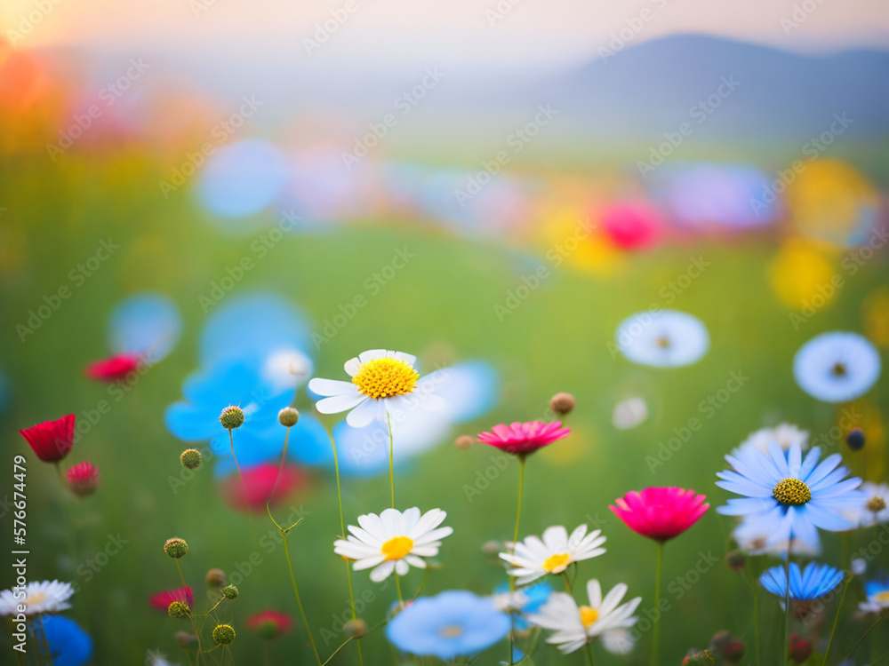 Colorful flower in feild with sunrise morning time blurred background. Generative ai