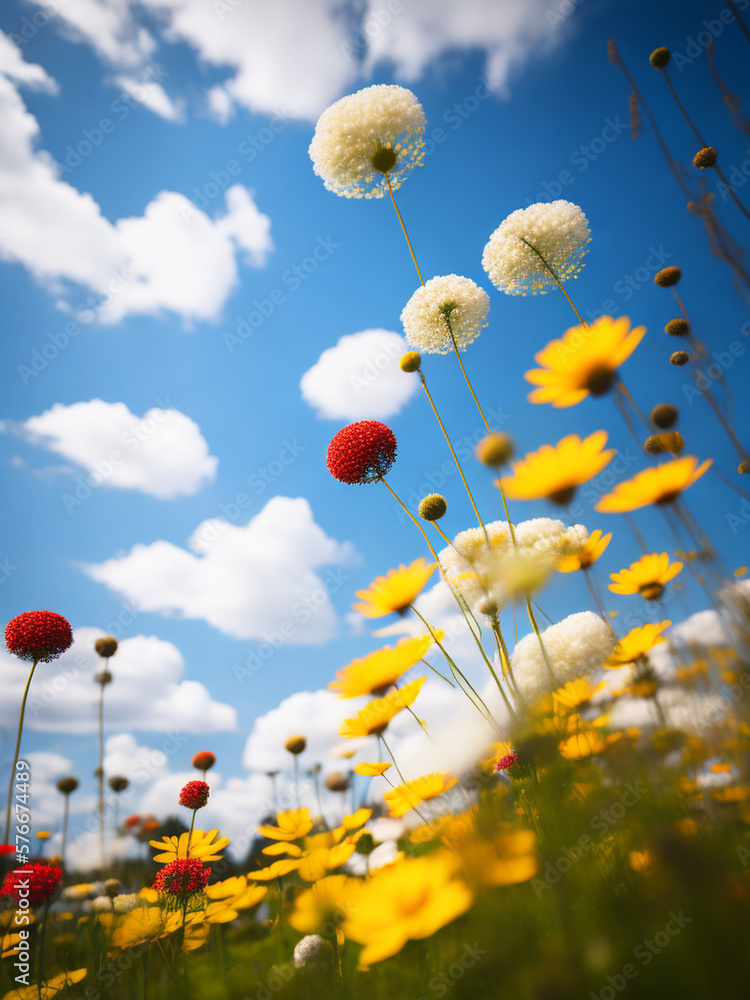 Colorful flowers in feild with blue sky and white cloud for background ...
