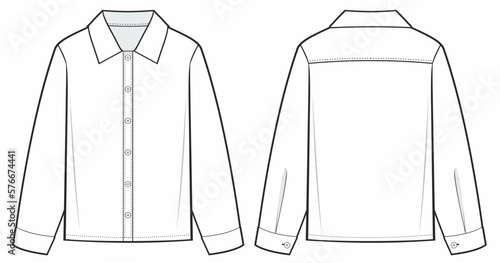 Slim fit Long Sleeve Shirt fashion technical drawing template. Long Sleeve Illustration. front and back view, white color, women, mockup.