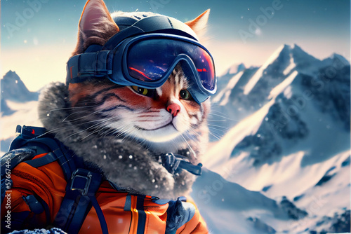 Snowboarder cat. A cat in winter clothes and ski goggles against the backdrop of a winter landscape. AI generated. photo