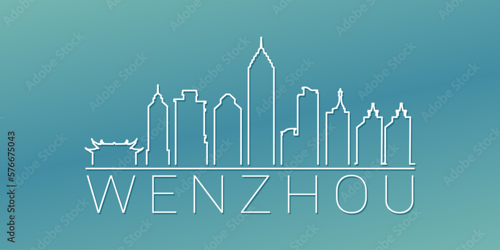 Wenzhou, Zhejiang, China Skyline Linear Design. Flat City Illustration Minimal Clip Art. Background Gradient Travel Vector Icon.