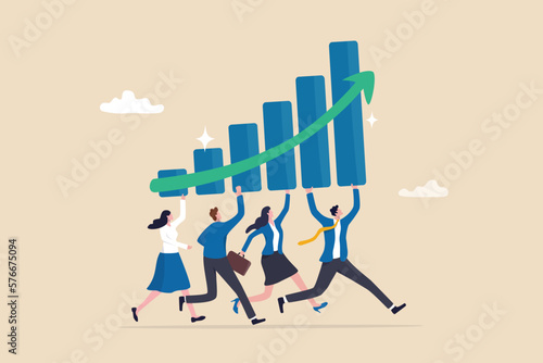 Business growth, improvement or progress to success, team planning and strategy to achieve success, growing or progress concept, business people employees help carrying growing graph together.