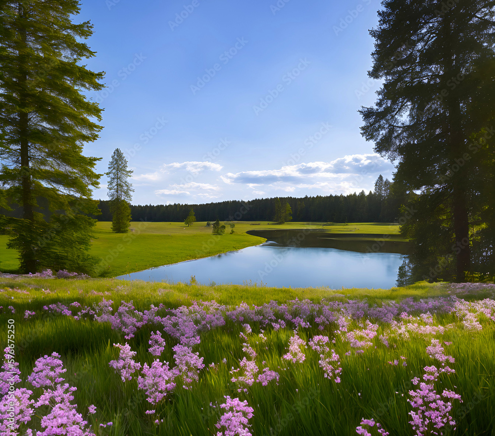 Spring meadows by a lake with colorful flowers in Scandinavia, high detail digital art, generative ai Spring meadows by a lake with colorful flowers in Scandinavia, high detail digital art, generative ai