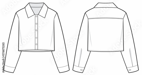 Cropped Long Sleeve Shirt fashion technical drawing template. Long Sleeve Illustration. front and back view, white color, women, mockup.