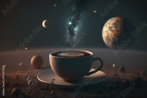 Cup of coffee in space. AI generative.
