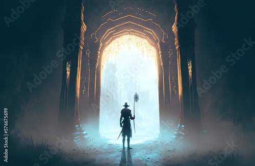 man with spear standing in front of the hallway leading to the mysterious castle  digital art style  illustration painting  Generative AI