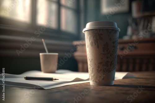 Paper cup of coffee in a cafe. AI generative.