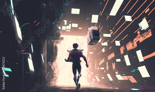 concept showing a man running along a futuristic path full of monitors, digital art style, illustration painting, Generative AI © Raool