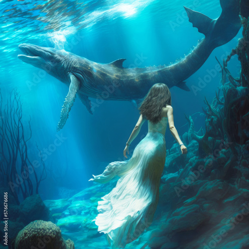 A beautiful girl in a white long dress swims underwater with a huge fabulous underwater animal that looks like a whale. Concept art. AI generated. © Garan Julia