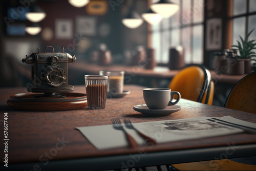 A cup of coffee and a newspaper in a cafe. AI generative.