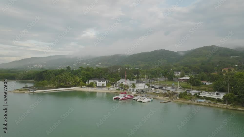 Aerial view of catamarans along the coastline in Montego Bay, Saint James, Jamaica. Aerial view of catamarans along the coastline in Montego Bay, Saint James, Jamaica.