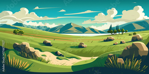 Green prairies of North America scene, Cartoon vector illustration - AI generative