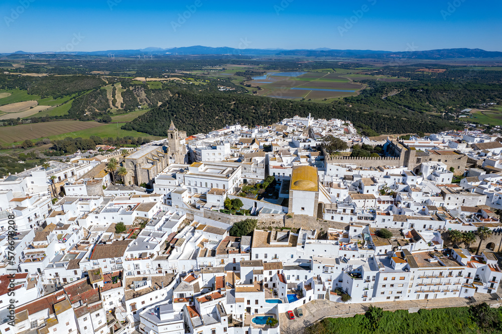 Aerial view above the beautiful vilage of Vejer de la Frontera in Andalusia Spain