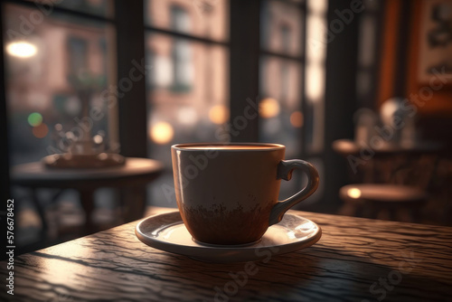 A cup of coffee in a cafe on a wooden table. AI generative.