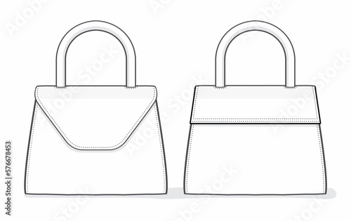 Handbag technical fashion illustration. Flat apparel mini handbag template. front and back view. white colour. CAD mock-up.