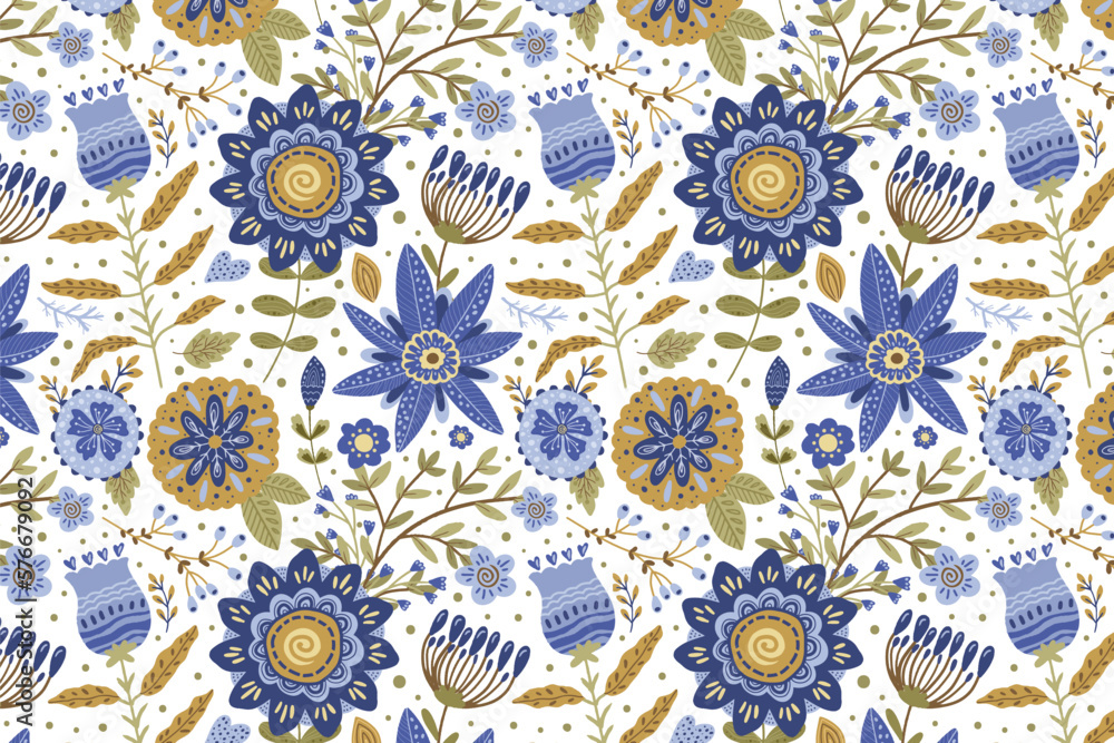 aesthetic cute spring and summer blue flower seamless pattern