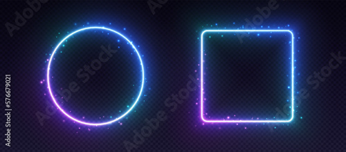 Gradient neon frames, glowing borders with smoke and sparkles, led circle and square with purple and blue colors. Avatar frames for game, UI design elements. Vector illustration.