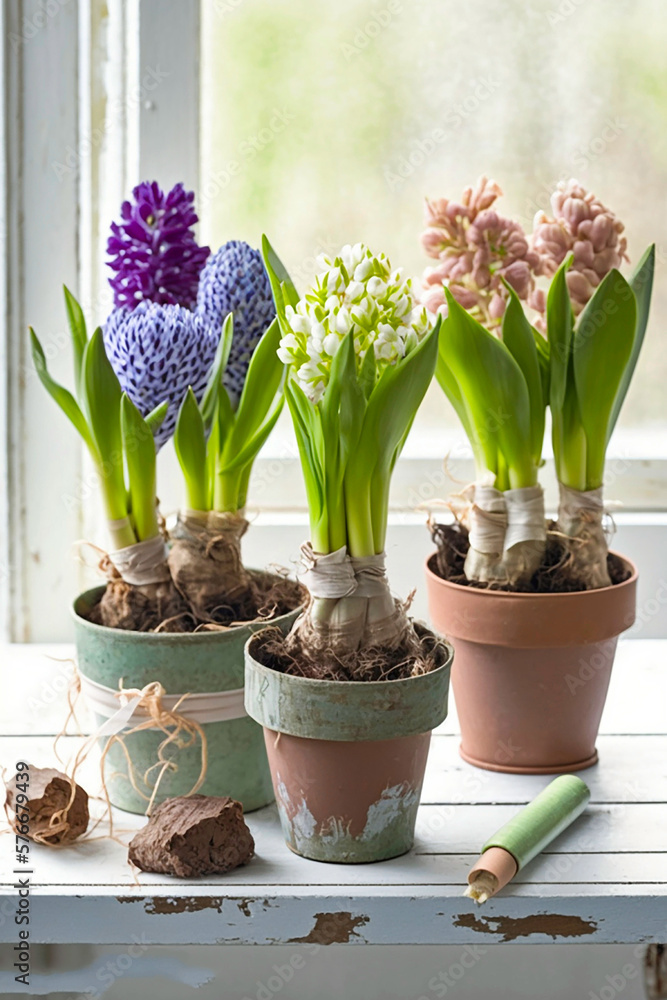 Hyacinths in pots standing on a table. AI generativ.