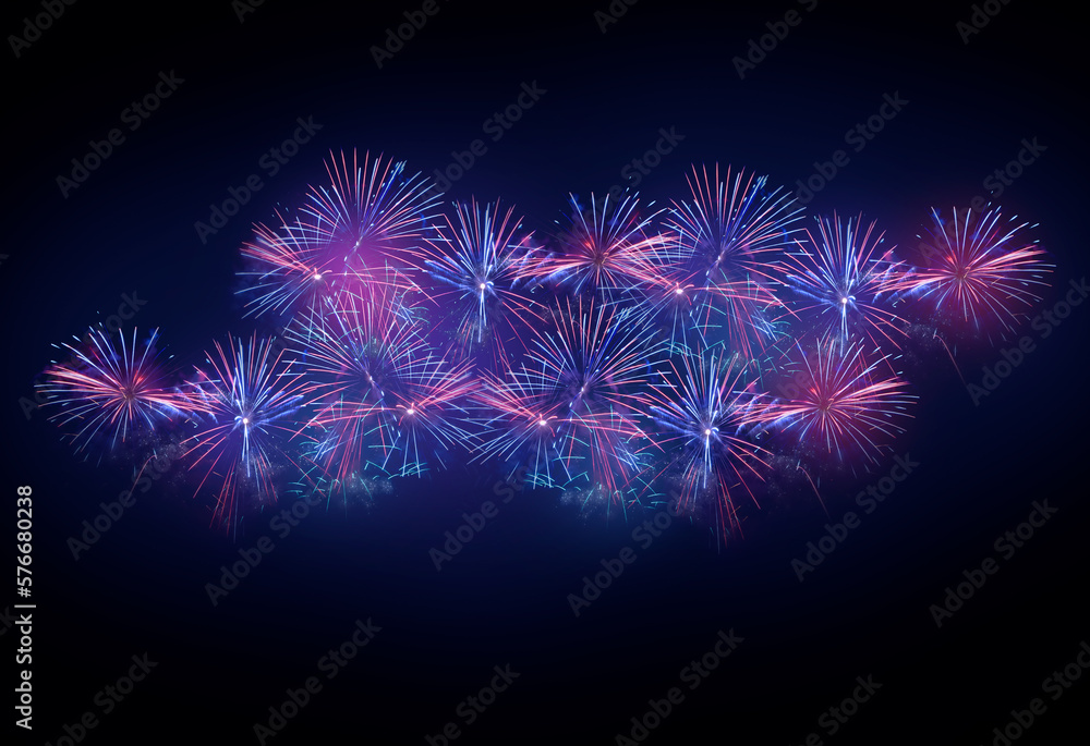 Beautiful blue and pink fireworks display lights up the sky with dazzling display during New Year celebration. Abstract colored fireworks background, copy space. Celebration and anniversary concept
