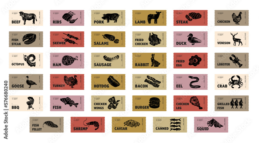 Meat, poultry, fish and eggs stickers and labels. Different color ...