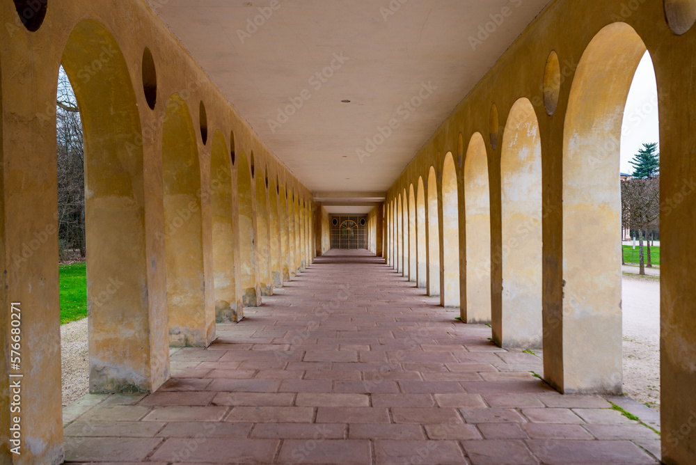 Symmetric view through an archway of a historic building
