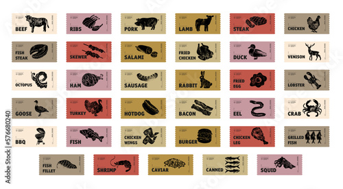 Meat, poultry, fish and eggs stickers and labels. Different color packaging for food preparing and culinary. chicken, fish, beef, pork, poultry, pig product for selling vector set.
