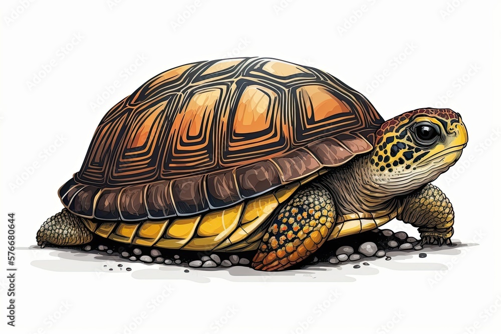 Fototapeta premium An adult Eastern box turtle, its head expanded, in close focus, stacked, side view, on white. Generative AI