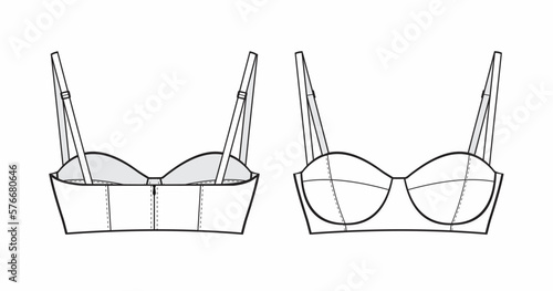 Push Up Bralette Bustier Bra Sexy Top 
underwear. with molded cup, and adjustable straps. fashion flat technical drawing template. Bralette Flat template front and back design. apparel CAD mockup. photo