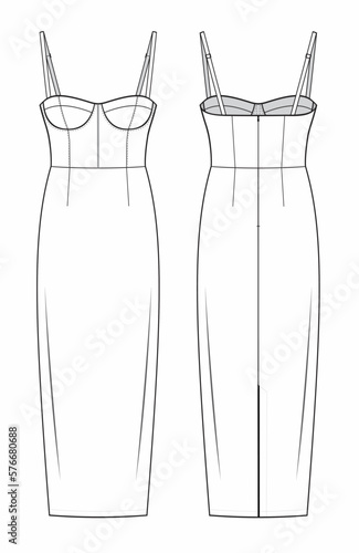 Bustier Bodycon Dress with molded cup, back slit  and adjustable straps. maxi, ankle length. fashion flat technical template. Spaghetti Strap Dress Flat template front and back design. line CAD mockup