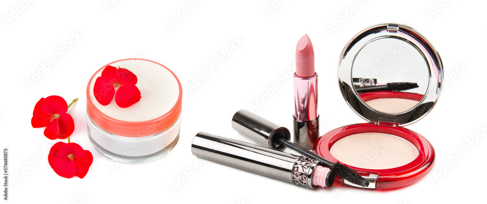 Obraz premium Set of cosmetics isolated on white background. Wide photo. Free space for text. Collage.
