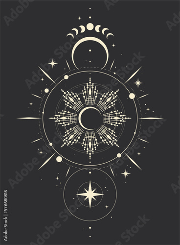 Mystical drawing of the sun , tarot cards, boho illustration, magic card. Vector hand drawing